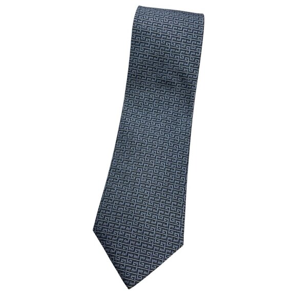 GUCCI Men's 100% SilkNecktie LUXURY Blue Brown Geometric Monogram G W:3.8" EUC - Picture 1 of 5